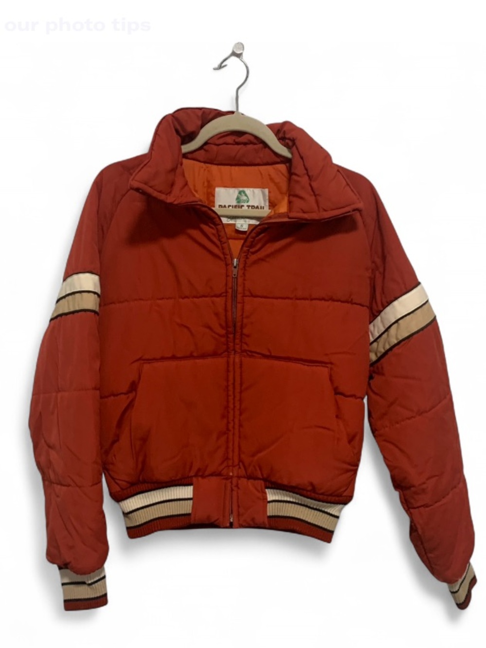 Vintage Pacific Trail Orange Puffer Jacket with Cream Tan Stripes